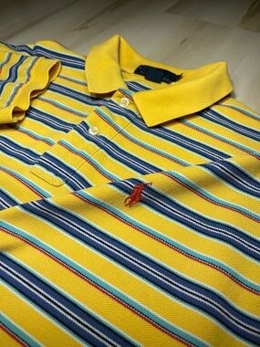 Polo Ralph Lauren Men Multi Stripe Colored Polo Sz L Shirt Yellow Teal Aqua VTG